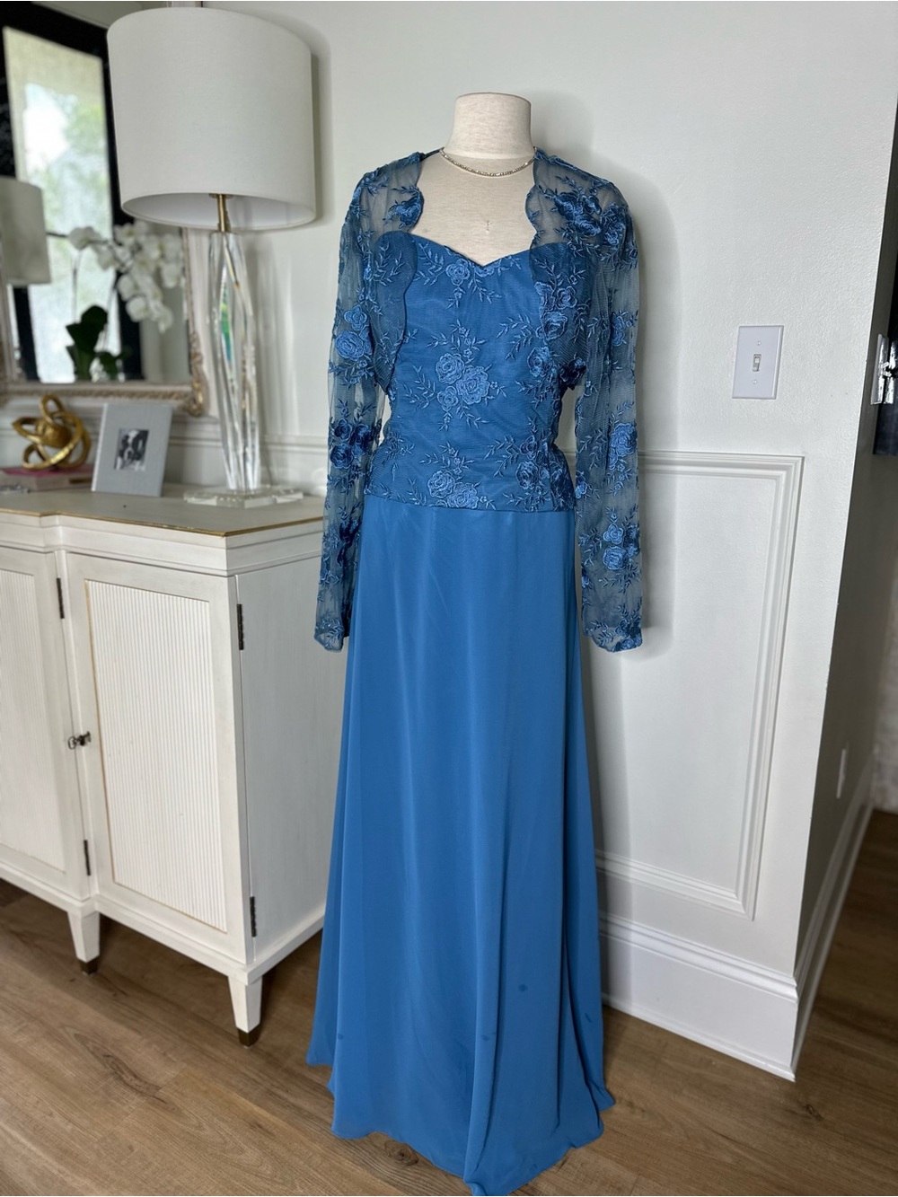 Alyce Paris Blue Lace Bodice Gown with Sheer Jacket